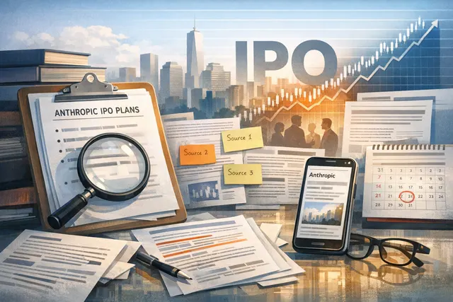 Conceptual image representing Anthropic's IPO, with financial charts and growth arrows over a stylized company logo or abstract AI imagery.