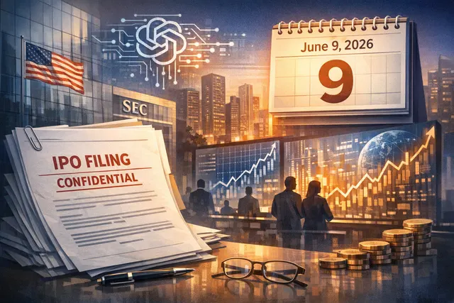 Editorial graphic representing OpenAI's confidential IPO filing and the AI IPO race