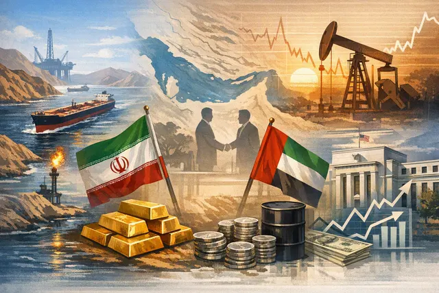 A conceptual illustration showing oil barrels, gold bars, and silver coins against a map of the Strait of Hormuz, representing the market impact of diplomatic progress on August 5,