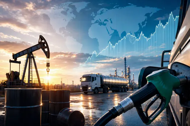 Editorial illustration of oil-market disruption and tanker shipping routes in the Middle East