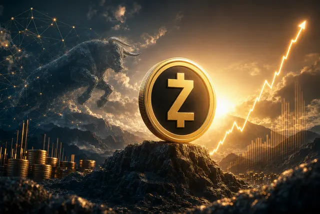 Editorial illustration of Zcash price momentum and cryptocurrency market activity