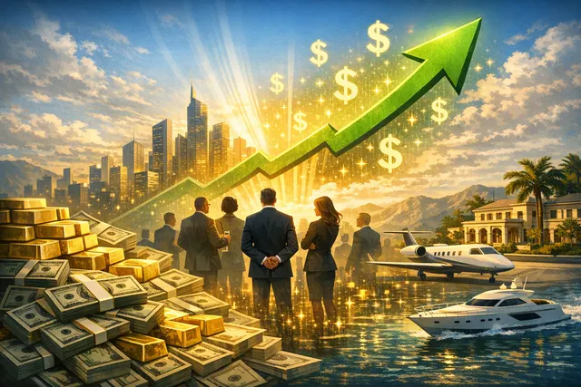 An abstract illustration representing a historic surge in global billionaire wealth driven by a US-Iran peace deal and a SpaceX stock market debut.