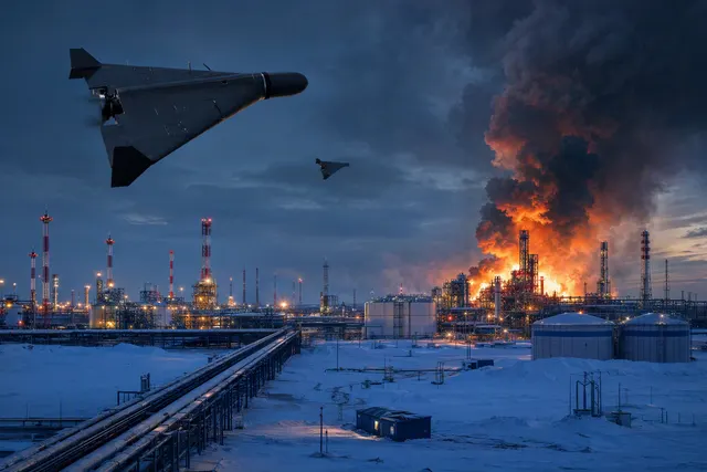 AI-generated editorial illustration of a drone strike near an Arctic industrial gas facility