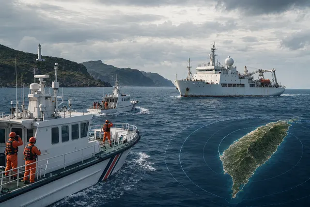 Illustration of a Taiwan Coast Guard patrol vessel monitoring a research ship near Taiwan’s southern waters