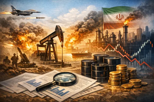 Abstract visualization of oil price surge and semiconductor stock decline colliding in global markets