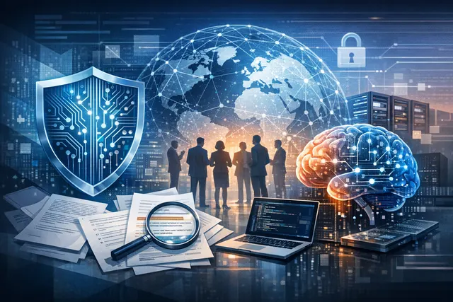 An abstract illustration representing the Open Secure AI Alliance, with interconnected nodes of major tech logos including Nvidia, Microsoft, and CrowdStrike, with a glowing digita