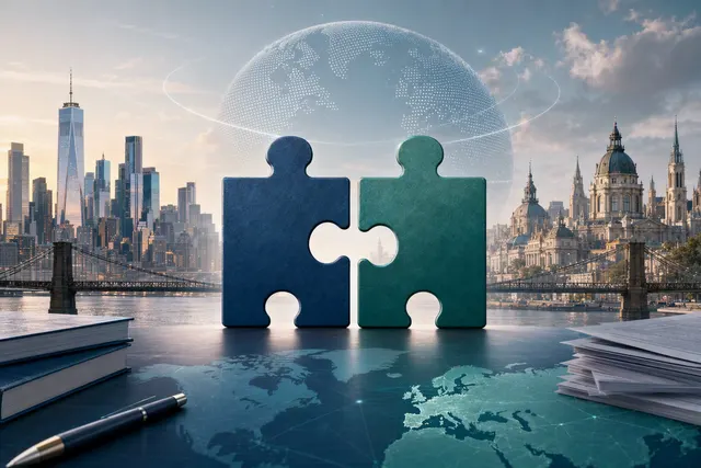 Editorial illustration representing the planned Cohere and Aleph Alpha merger