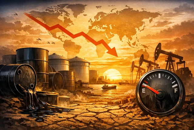 Oil storage tanks and barrels with a declining-level warning overlay and summer heatwave graphics, illustrating critically low global oil inventories ahead of the 2026 peak demand