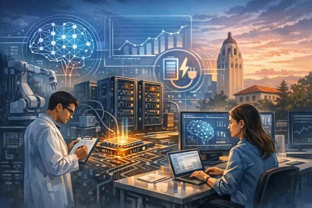 AI-generated editorial image representing local AI models running on a laptop, with a glowing brain icon, benchmark charts, and a visual of the 'Intelligence Per Watt' metric.