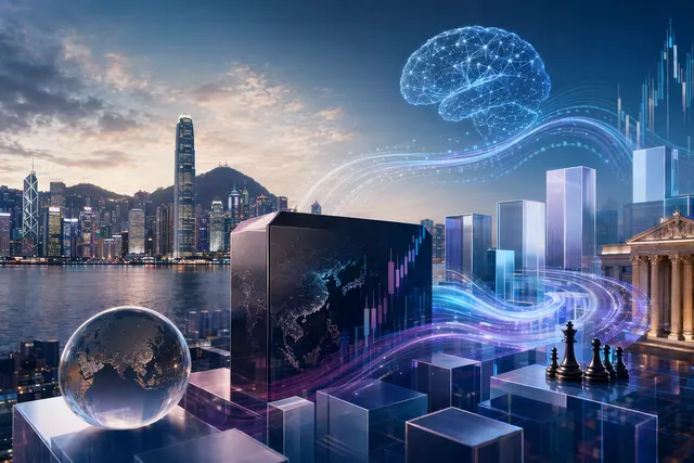 抽象金融圖表與 AI 晶片元素，象徵港股 AI 股納入恒生科技指數帶來被動資金流入