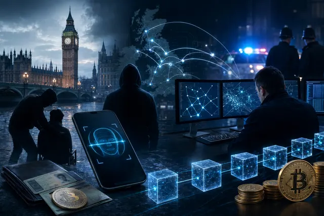 Illustration of investigators tracing cryptocurrency transactions after a kidnapping and robbery case