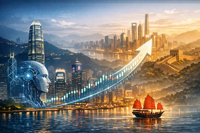 Editorial illustration of the Hong Kong skyline with AI-themed financial charts showing the reversed dual-listing sequence for Chinese AI companies MiniMax and Zhipu