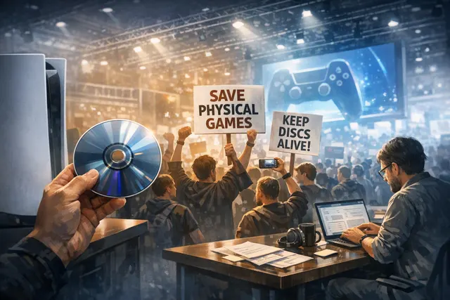 Editorial illustration of PlayStation game discs and digital download symbols representing the backlash to Sony’s 2028 disc-production plan