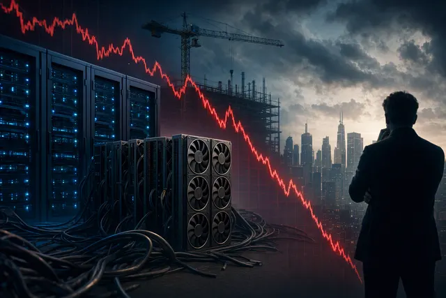 Editorial illustration representing AI infrastructure investment and volatility in technology stocks