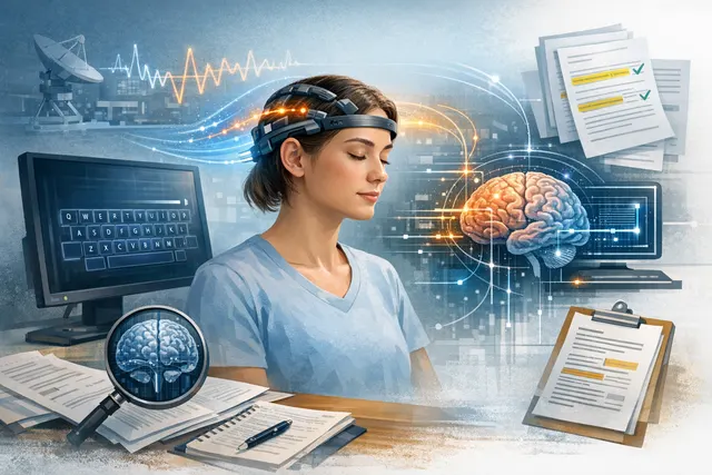 Conceptual illustration of Meta Brain2Qwerty non-invasive brain-computer interface decoding brain activity into text on a screen