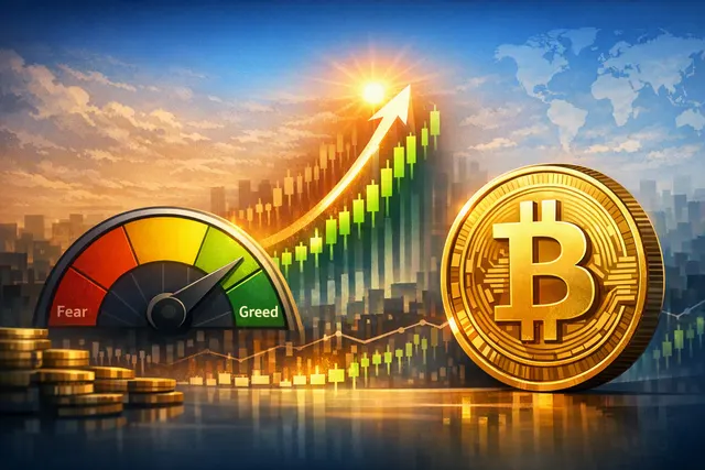 Bitcoin price chart rising as the Crypto Fear & Greed Index shifts from fear to greed