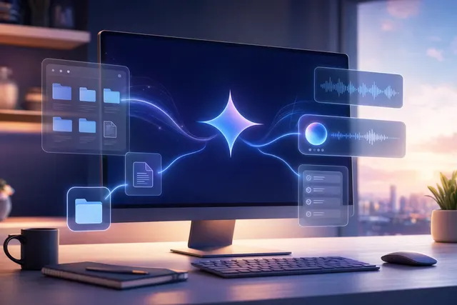 Concept illustration of Gemini desktop AI agent interacting with files and screen context