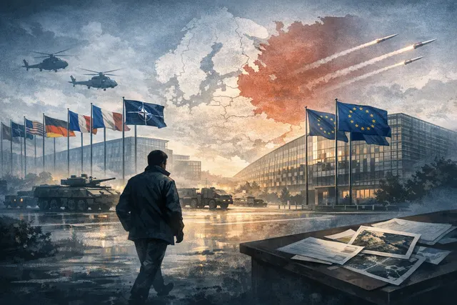 An artistic depiction of tension between Russia and NATO, a chessboard-like map of Europe with military pieces facing off, highlighting geopolitical conflict in 2026