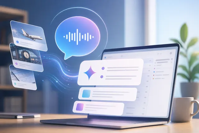 Concept illustration of Gmail Live showing a voice interface powered by Gemini AI searching an inbox
