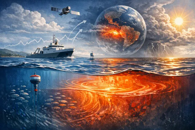 Illustration of unusually warm global ocean waters and an El Niño pattern in the Pacific