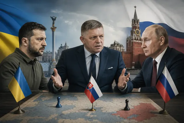 Editorial illustration of Robert Fico between Volodymyr Zelenskyy and Vladimir Putin during a disputed diplomacy claim