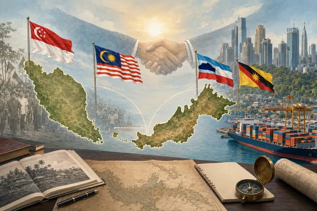 Editorial illustration representing Singapore’s 1963 merger with Malaya, Sabah and Sarawak to form Malaysia.