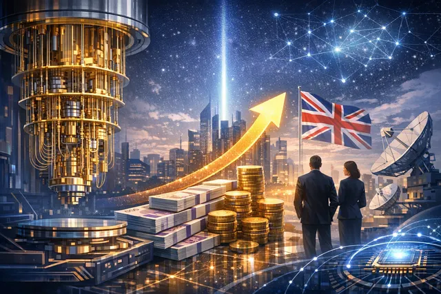 AI-generated editorial hero image illustrating quantum computing investment and UK deep-tech growth for an article on Oxford Quantum Circuits' £260m Series C funding round.