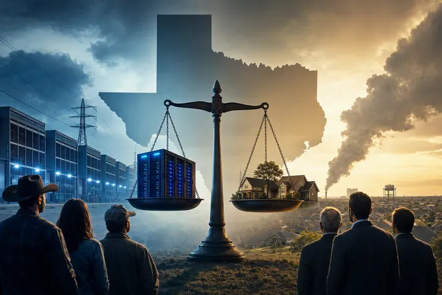 Editorial illustration of an AI data center and the political debate over its local energy and water impacts