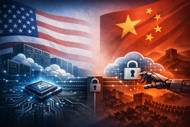 Illustration of Nvidia AI chips in an overseas data center connected to Chinese cloud users