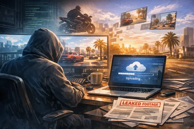 Editorial illustration of a leaked Grand Theft Auto VI gameplay build, with a fictionalized game screen and redacted data elements