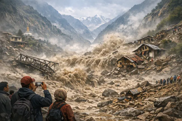 AI-generated editorial illustration of a flash flood carrying mud, rocks and ice through a Himalayan border valley