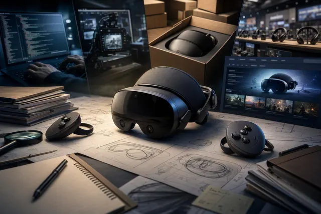 Editorial illustration of the Valve Steam Frame VR headset and Steam launch preparation