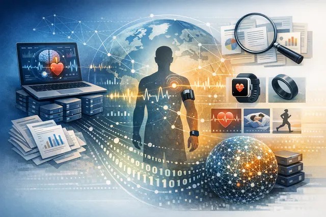 Conceptual illustration of wearable health sensors and AI data processing for SensorFM foundation model