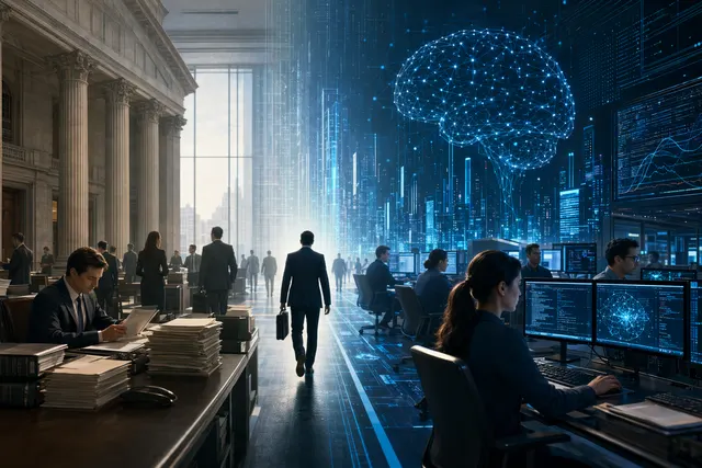 Illustration of artificial intelligence transforming Wall Street hiring and banking jobs