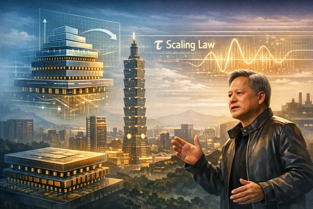 Editorial illustration of vertically stacked semiconductor layers representing Huawei’s Tau Scaling and LogicFolding architecture