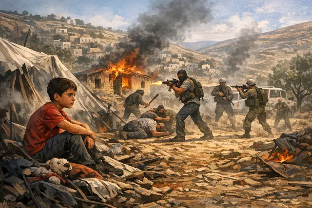 Aftermath of settler attack in Madama village near Nablus, West Bank, with ambulances blocked by earthen mounds and iron gates on May 30, 2026