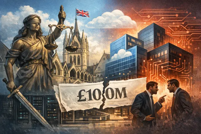 A conceptual image representing Tesco's legal battle with Broadcom over VMware licensing, featuring legal documents, server infrastructure, and corporate logos