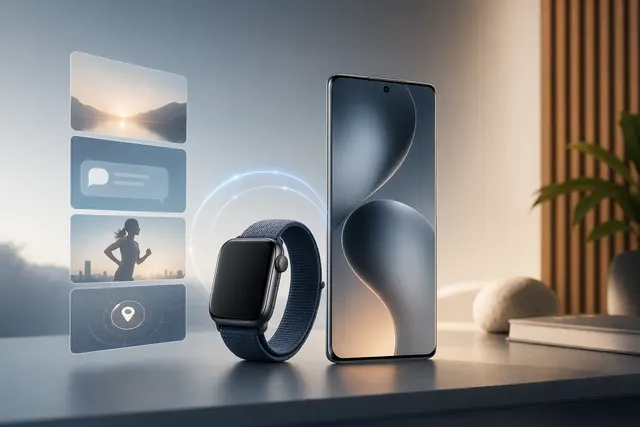 Illustration of an Apple Watch and Xiaomi phone connected for calls, notifications and health-data syncing