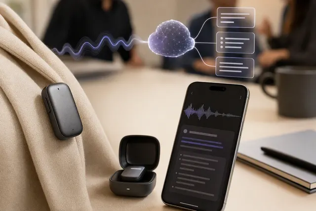 Editorial illustration of the SwitchBot AI MindClip wearable recorder