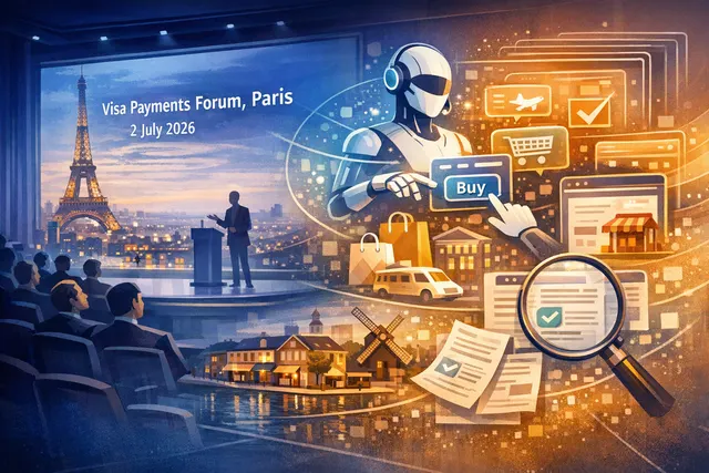 Conceptual image of an AI agent shopping on behalf of a consumer with Visa payment infrastructure in the background