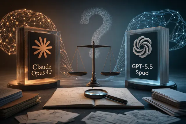 Claude Opus 4.7 與 GPT-5.5 Spud 在矛盾資料查核上的對照示意圖