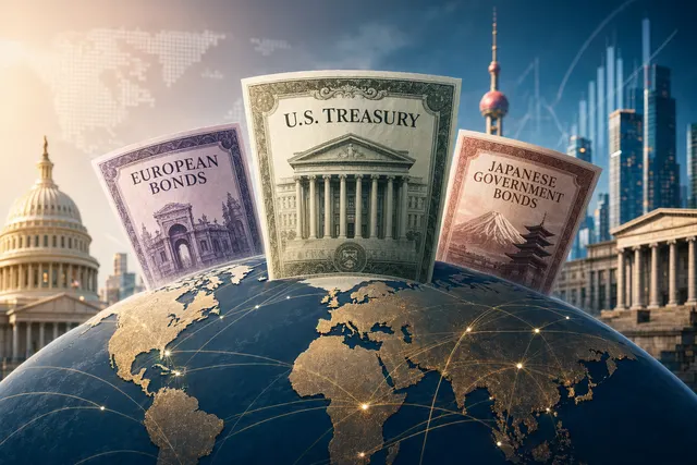 Illustration of global debt markets with bond documents, currency symbols, and financial charts