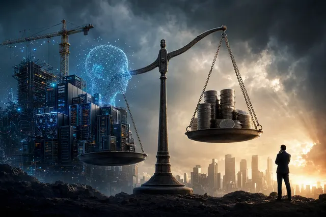 Editorial illustration representing AI investment and technology-market volatility
