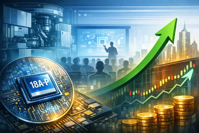 ASML stock chart rising with an EUV lithography system and Intel 18A-P wafer pattern in the background, representing the market reaction to Intel's process node milestone
