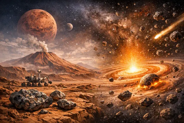 Artistic illustration of a Martian meteorite and the magnetic disk surrounding the young Sun