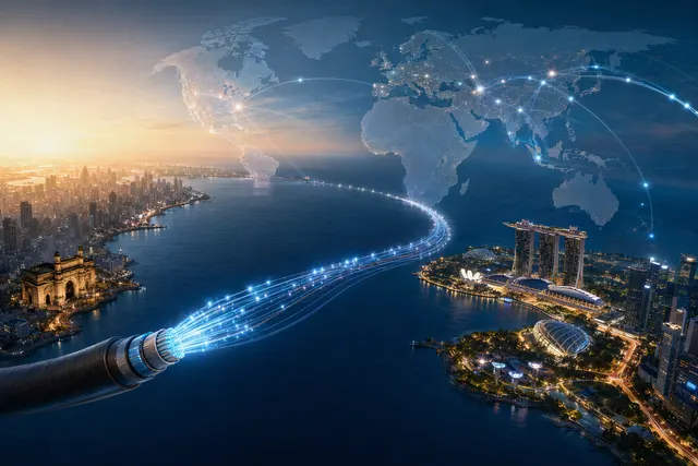 Illustration of subsea cables connecting Singapore and India as part of a regional digital network