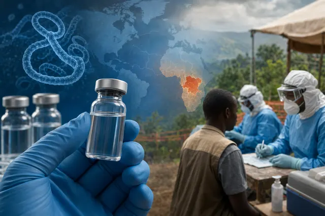 Conceptual illustration of scientists and global health officials evaluating Ebola vaccines during a Bundibugyo outbreak response