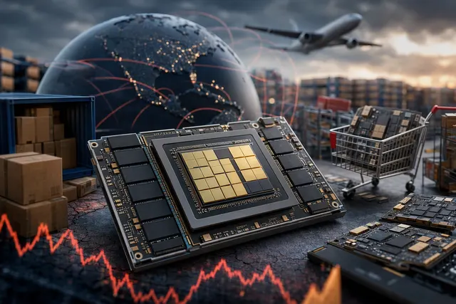 Illustration of AI accelerator chips and high-bandwidth memory under supply pressure