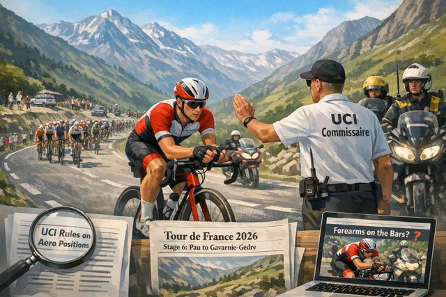 AI-generated illustration of a cyclist in a breakaway position on a mountain stage, with an inset detail of ‘puppy paws’ hand position on handlebars