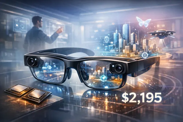 Snap Specs standalone AR glasses shown in a futuristic, see-through augmented reality overlay design